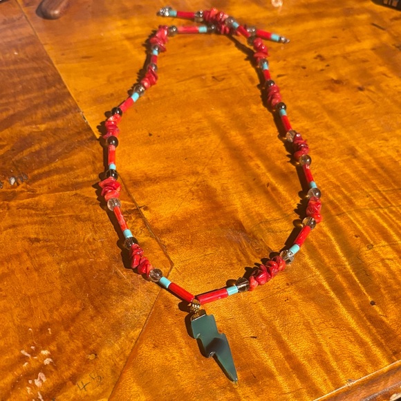 Jewelry - Vibrant Red and Turquoise Beaded Necklace with Pendant